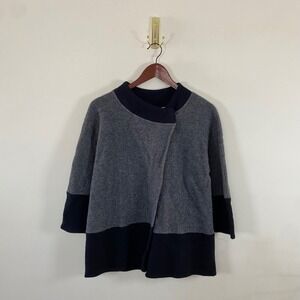 JM Collection 100% Wool Cardigan Sweater Gray Black Shawl 3/4 Sleeves Small Chic